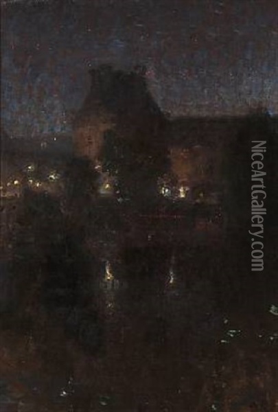Late Evening In Paris With A View Towards Louvre Oil Painting - Julius Paulsen