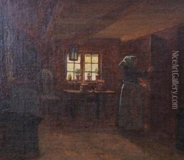 Interior Med Kvinna Vid Dorr Oil Painting - Kilian Zoll
