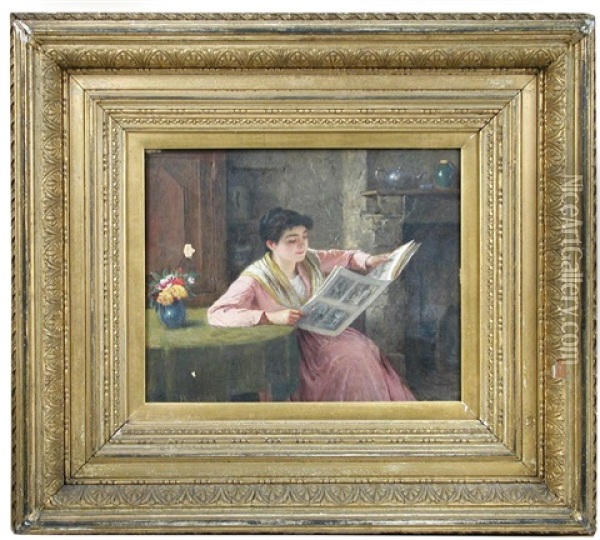 A Young Girl Reading The Christmas Number Of The Graphic Oil Painting - Haynes King