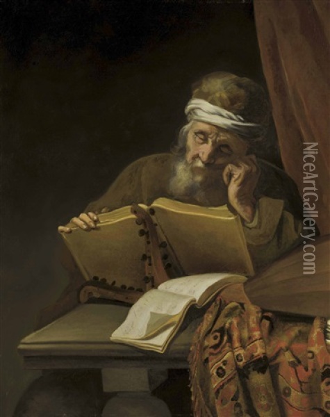 An Old Man Reading At A Table With Sheets Of Music, A Lute And An Oriental Carpet, A Curtain Behind Oil Painting -  Rembrandt van Rijn
