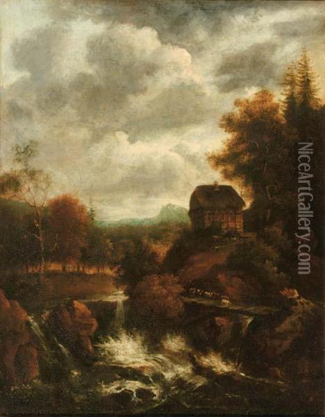 A Wooded River Landscape With A 
Waterfall And A Shepherd With His Flock Crossing A Bridge Oil Painting - Jacob Van Ruisdael