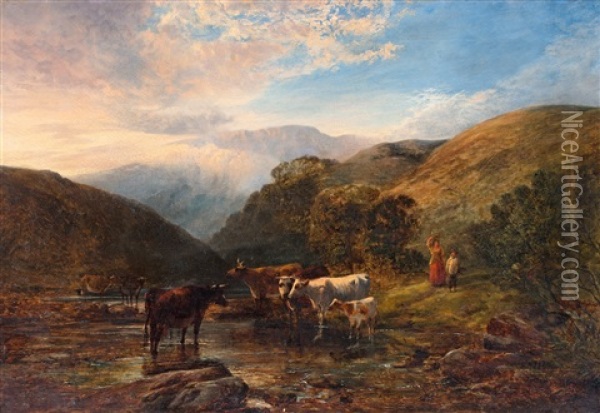 Kor I Landskap Med Berg I Fjarran Oil Painting - George Vicat Cole