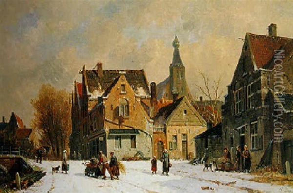 A Townscene In Winter Oil Painting - Adrianus Eversen