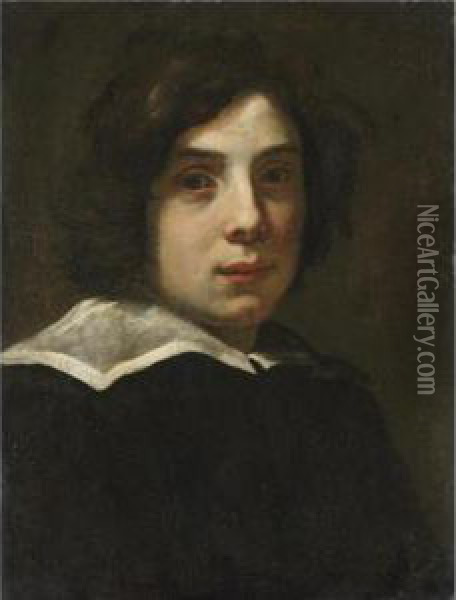 Portrait Of A Young Man, Head And Shoulders, Wearing Black With A White Collar Oil Painting - Lorenzo Lippi