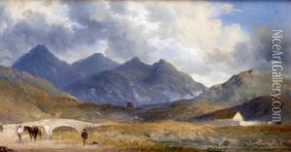 The Mountain Pass, With Figures And Horses Oil Painting - James Douglas Moultray