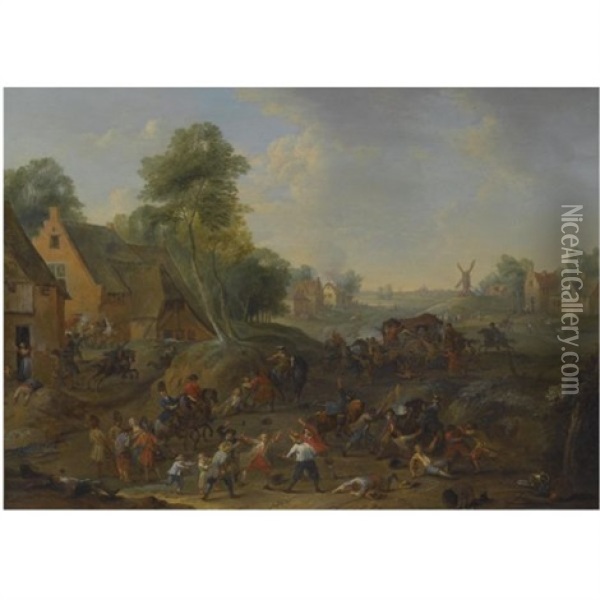 A Landscape With A Cavalry Skirmish And A Village Under Attack Oil Painting - Karel Breydel