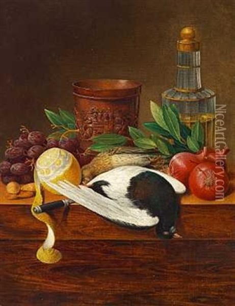 Nature Morte Med Skraellet Citron, Log, Druer, Fugl, Baeger Og En Karaffel Oil Painting - Christine Marie Lovmand