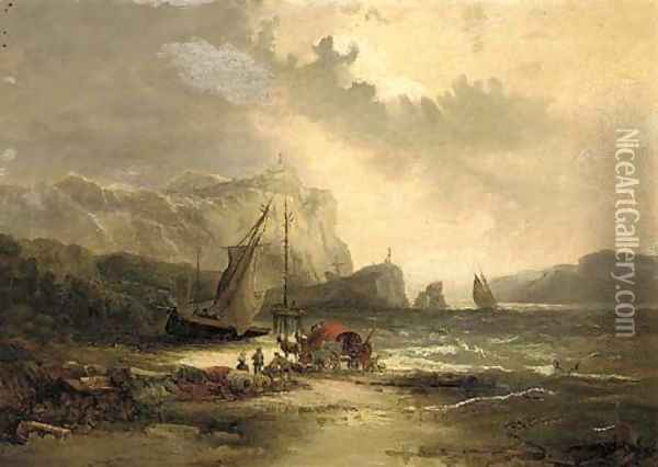 Unloading the boats on the shore Oil Painting - French School