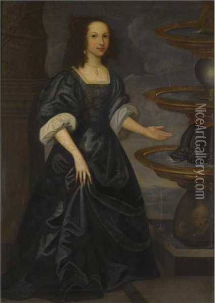 Portrait Of A Lady By A Fountain, Full Length, Wearing A Dark Green Dress Oil Painting - Edward Bower