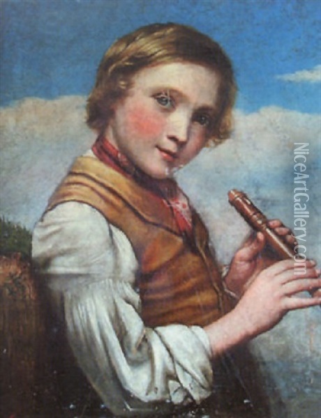 A Young Boy With A Recorder Oil Painting - Charles Compton