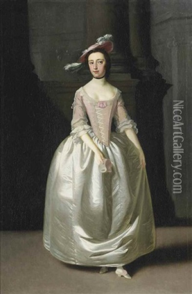 Portrait Of Anne Calter In A White Satin Dress Oil Painting - Edward Penny