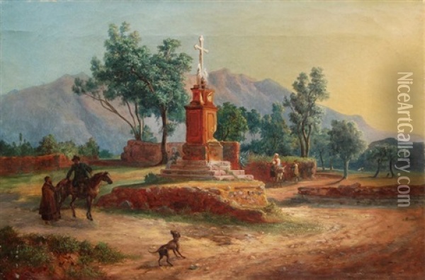 Sizilianische Landschaft Bei Palermo Mit Wegkreuz Und Staffage Oil Painting - Ludwig (Georg L.) Vogel