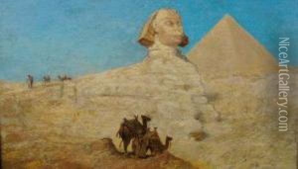 Egyptian Desert With Figures And Camels Before Sphinx And Pyramid Oil Painting - John Sinclair