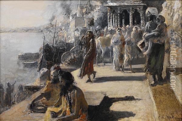 View Along The Ghats In Benares, India Oil Painting - Edwin Lord Weeks