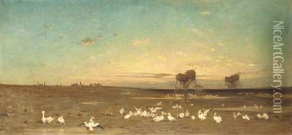 Pecheries Sur Le Danube (soleil Couchant) Oil Painting - Charles Emile de Tournemine