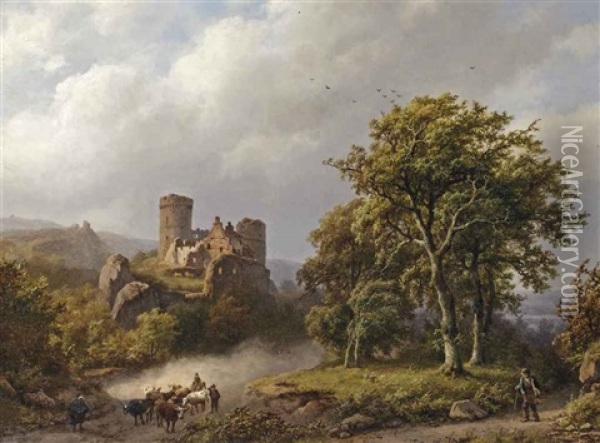 Figures And Cattle On A Path In A Wooded Landscape With A Castle Ruin Beyond Oil Painting - Barend Cornelis Koekkoek