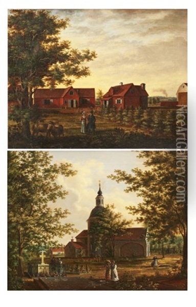 Solna Kyrka Och Mangardsbyggnad I Solna Kyrkby Oil Painting - Albert T. Kjellberg