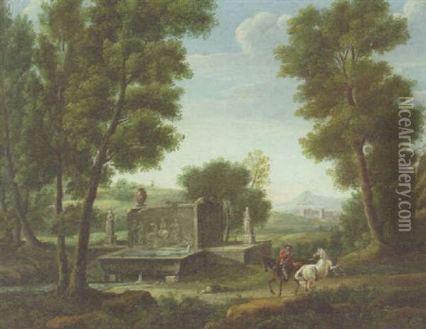 An Italianate Landscape With Travellers By A Classical Fountain Oil Painting - Jan Van Huysum