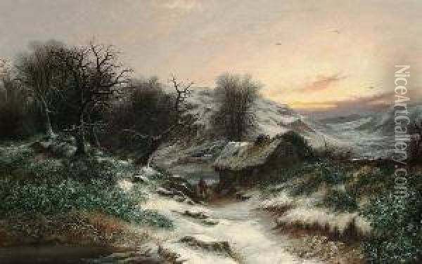 A Figure In A Winter Landscape Oil Painting - William Thomas Such