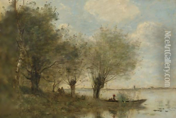La Barque A La Pointe De L'Ile Oil Painting - Jean-Baptiste-Camille Corot