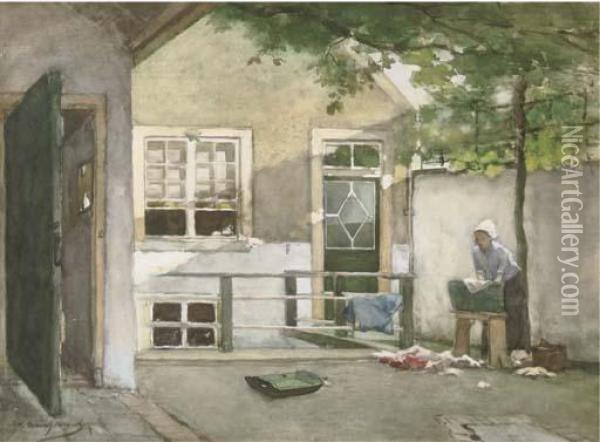 Washing Day: A View From The 
Artists Studio Onto The Courtyard Of His House At The Kazernestraat, The
 Hague Oil Painting - Jan Hendrik Weissenbruch
