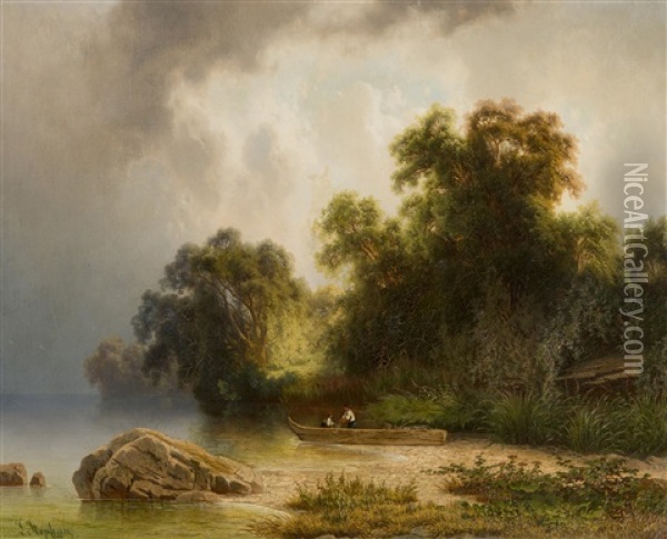 On The Lake Shore Oil Painting - Leopold Stephan