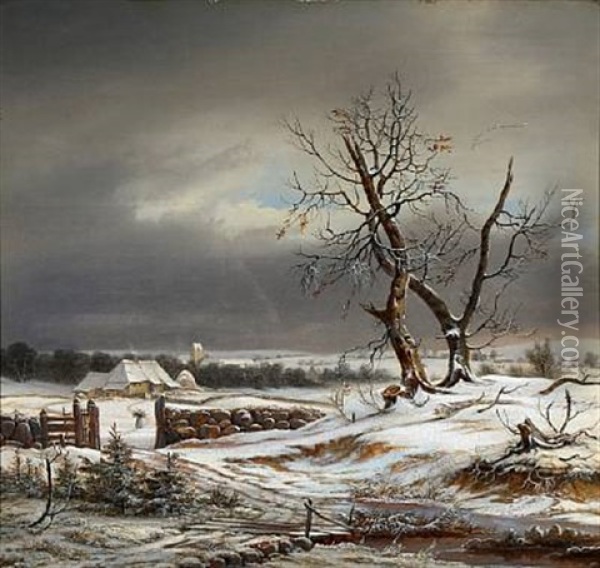 Quiet Winter Day At Gentofte Village Oil Painting - Frederik Michael Ernst Fabritius de Tengnagel