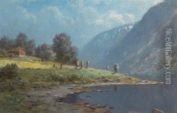 Norsk Fjordparti Med Hytte Ved Vandet Oil Painting - Peder Thurmann