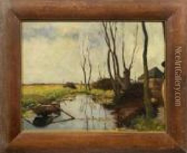 Landschaft Mit Altem Ruderboot An Einem Kanal Oil Painting - Jan Hillebrand Wijsmuller