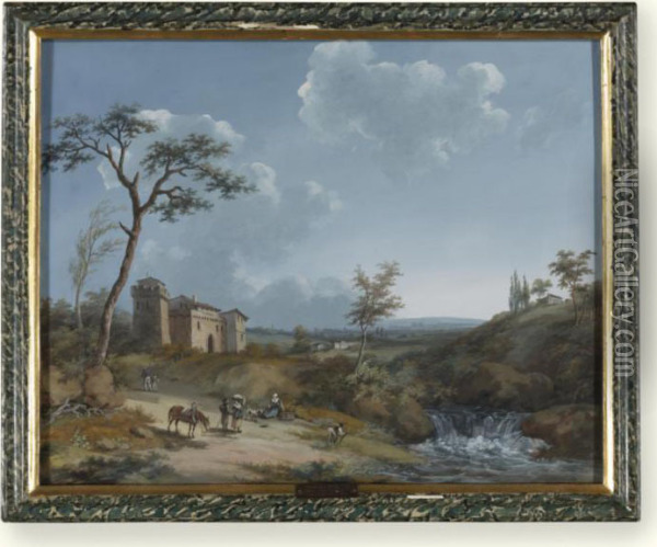 Italianate Landscape With Peasants By A Waterfall Oil Painting - J. Moreth