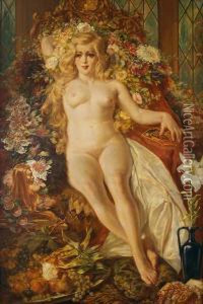 Desnudo Femenino Con Flores Yfrutas. Oil Painting - Medard I Tytgat