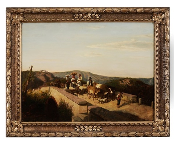 Italian Campagna Scene With Figures Crossing A Bridge Oil Painting - Andras Marko
