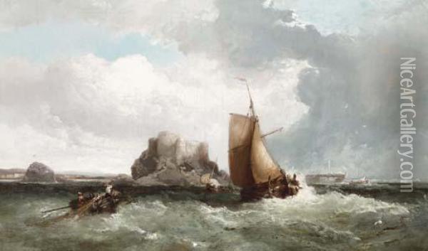 A Coastal Scene With Fishing Boats And A Dinghy, Rough Seas Offshore Oil Painting - James Webb