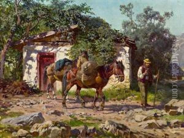 Wanderer Mit Zwei Pferden Oil Painting - Fritz van der Venne