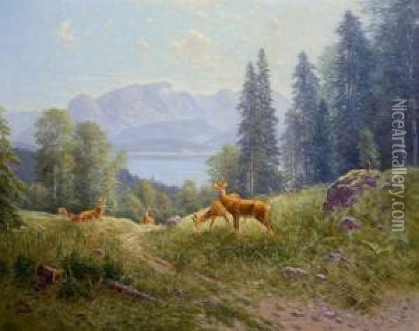 Rotwild Auf Einer Lichtung Mit Blick Auf Den Walchensee Oil Painting - Ludwig Skell