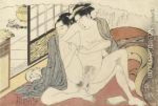 A Woman Mounts Her Younger 
Lover, While Touching Her Nipple, From The Series Koshoku Zue Juniko 
(erotic Prints For The Twelve Months) Oil Painting - Katsukawa Shuncho