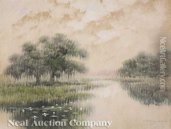 Live Oaks With Water Lillies Oil Painting - Alexander John Drysdale