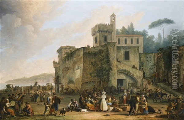 The Bay Of Naples, A View Of Mergellina With Figures Revelling And Eating Oil Painting - Pietro Fabris