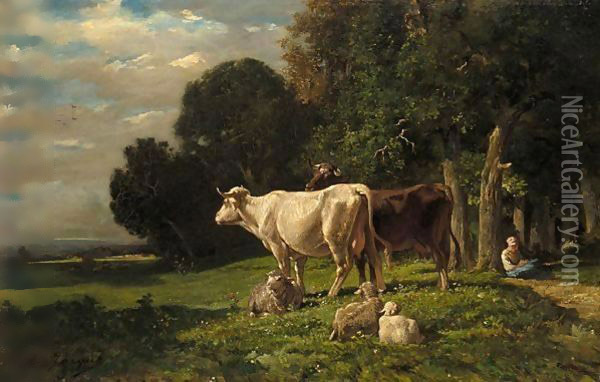 Paysage Avec Vaches Et Moutons Oil Painting - Charles Emile Jacque