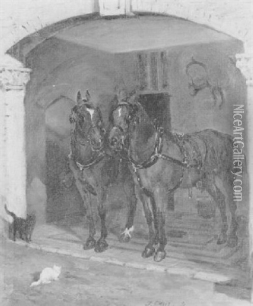 Two Bay Carriage Horses Before A Stable Oil Painting - John Emms