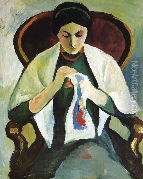 Woman Embroidering in an Armchair: Portrait of the Artist's Wife Oil Painting - August Macke