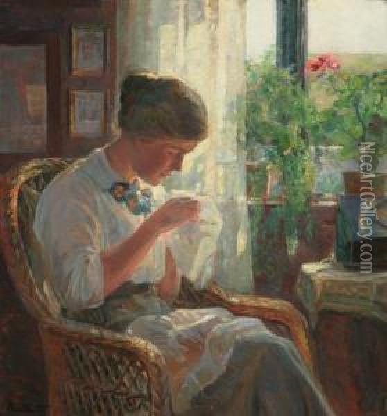 Lady Sewing By A Window Oil Painting - Knud Larsen