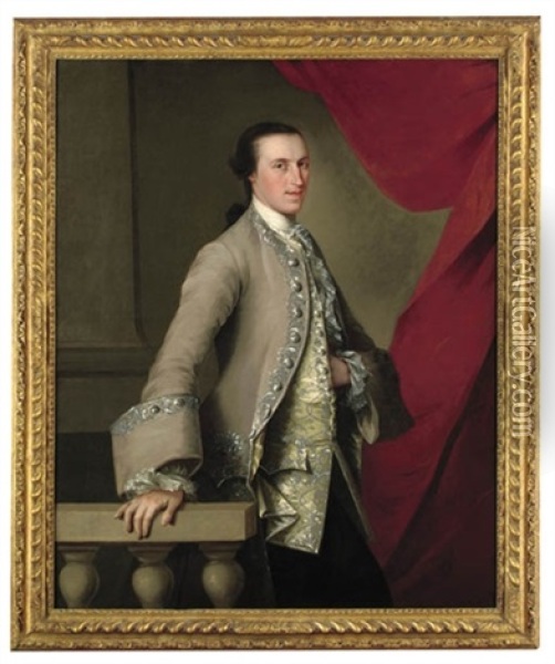 Portrait Of A Gentleman, Three-quarter-length, In A Grey Coat With An Elaborately Embroidered Yellow Waistcoat, His Right Hand On A Balustrade, Beside A Red Curtain Oil Painting - Thomas Hudson