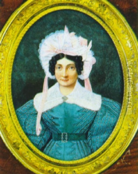 Bildnis Einer Jungen Frau In Grunblauem Kleid Und Rose Haube Oil Painting - Charles Duval