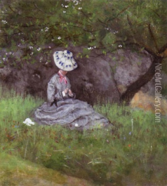 A Woman In A Grey Dress Seated Under A Tree Oil Painting - Axel Lindman