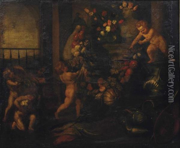 Putti Decorating A Herm With A Swag Of Fruit, With Fish And Armour Oil Painting - Jan I Roos