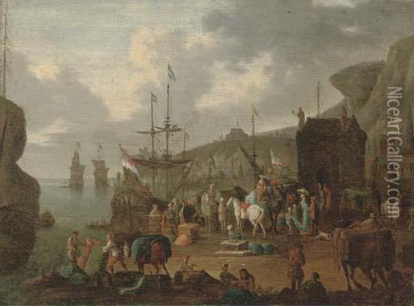 A Mediterranean Harbour Oil Painting - Jean Baptist Van Der Meiren