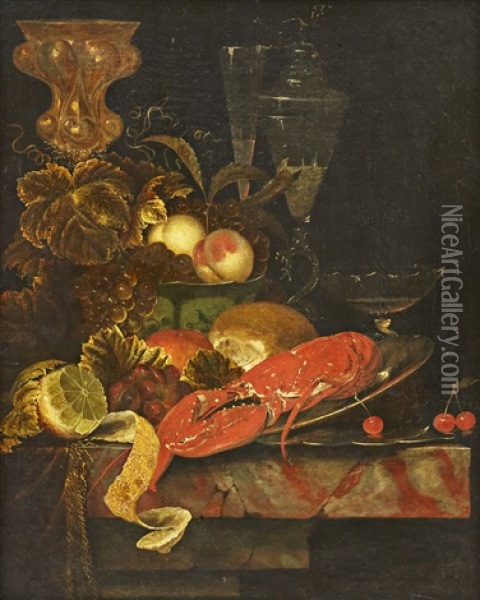 Still Life With Lobster And Fruits Oil Painting - Ottmar Elliger the Elder