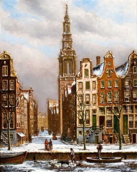 Winterse Gracht Bij De Zuiderkerk Te Amsterdam Oil Painting - Oene Romkes De Jongh