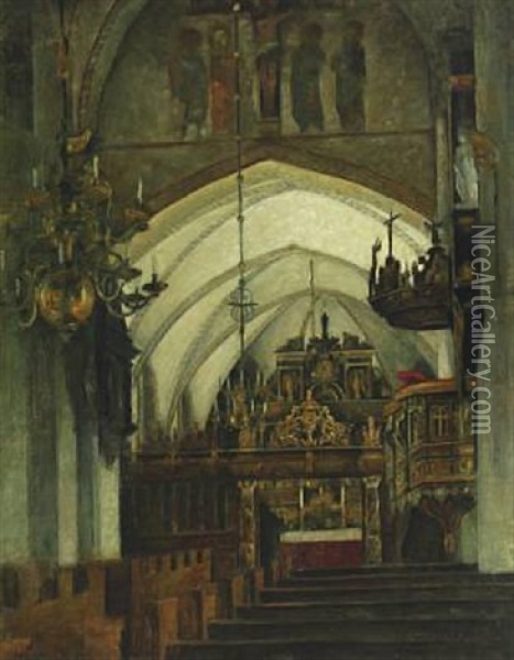 Interior Of A Church With The Altar In The Background Oil Painting - Svend Hammershoi